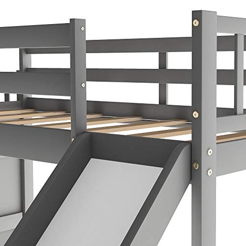 EastVita Double Bunk Bed with Folding Slide Stairs Household Room Furniture Accessories Grey