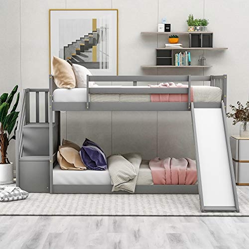 EastVita Double Bunk Bed with Folding Slide Stairs Household Room Furniture Accessories Grey