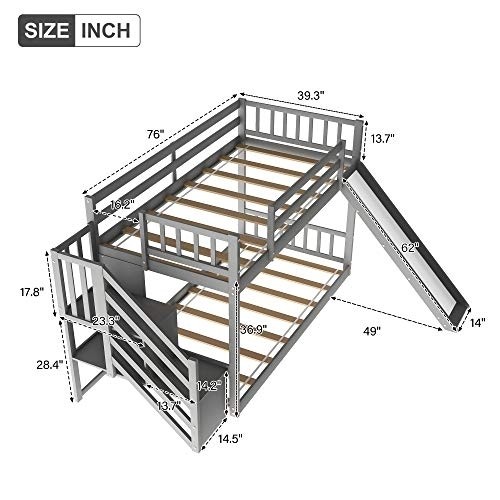 EastVita Double Bunk Bed with Folding Slide Stairs Household Room Furniture Accessories Grey