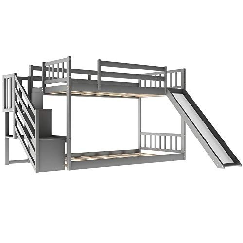 EastVita Double Bunk Bed with Folding Slide Stairs Household Room Furniture Accessories Grey