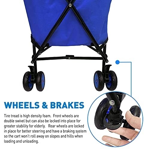 EasyGo Rolling Cart Folding Grocery Shopping Cart Laundry Basket Rolling Utility Cart with Wheels – Removable Canvas Bag - Versa Wheels & Rear Brakes - Easy Folding 120lb Capacity – Copyrighted, Blue