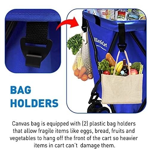 EasyGo Rolling Cart Folding Grocery Shopping Cart Laundry Basket Rolling Utility Cart with Wheels – Removable Canvas Bag - Versa Wheels & Rear Brakes - Easy Folding 120lb Capacity – Copyrighted, Blue