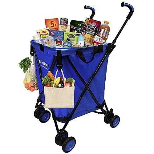 EasyGo Rolling Cart Folding Grocery Shopping Cart Laundry Basket Rolling Utility Cart with Wheels – Removable Canvas Bag - Versa Wheels & Rear Brakes - Easy Folding 120lb Capacity – Copyrighted, Blue