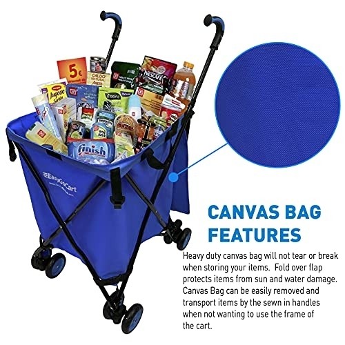 EasyGo Rolling Cart Folding Grocery Shopping Cart Laundry Basket Rolling Utility Cart with Wheels – Removable Canvas Bag - Versa Wheels & Rear Brakes - Easy Folding 120lb Capacity – Copyrighted, Blue