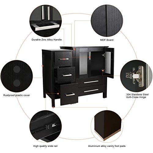 eclife 72” Bathroom Vanity Sink Combo Black W/Side Cabinet Vanity White Ceramic Vessel Sink and Chrome Bathroom Solid Brass Faucet and Pop Up Drain, W/Mirror (2T03 2B02 2B11)