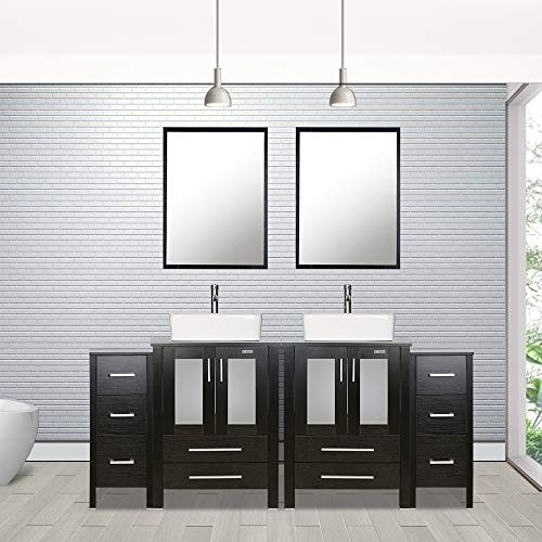 eclife 72” Bathroom Vanity Sink Combo Black W/Side Cabinet Vanity White Ceramic Vessel Sink and Chrome Bathroom Solid Brass Faucet and Pop Up Drain, W/Mirror (2T03 2B02 2B11)