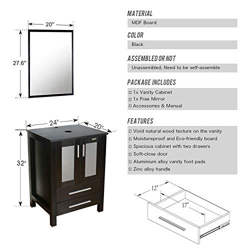 eclife 72” Bathroom Vanity Sink Combo Black W/Side Cabinet Vanity White Ceramic Vessel Sink and Chrome Bathroom Solid Brass Faucet and Pop Up Drain, W/Mirror (2T03 2B02 2B11)