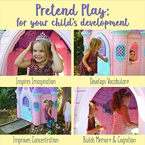 ECR4Kids Jumbo Princess Palace Playhouse, Pink Castle Play House with Turrets and Flags, Full-Sized Door with Musical Doorknob, Indoor or Outdoor Play, Over 8 Feet Tall