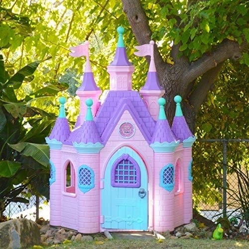 ECR4Kids Jumbo Princess Palace Playhouse, Pink Castle Play House with Turrets and Flags, Full-Sized Door with Musical Doorknob, Indoor or Outdoor Play, Over 8 Feet Tall