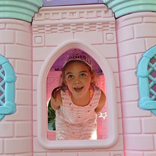 ECR4Kids Jumbo Princess Palace Playhouse, Pink Castle Play House with Turrets and Flags, Full-Sized Door with Musical Doorknob, Indoor or Outdoor Play, Over 8 Feet Tall