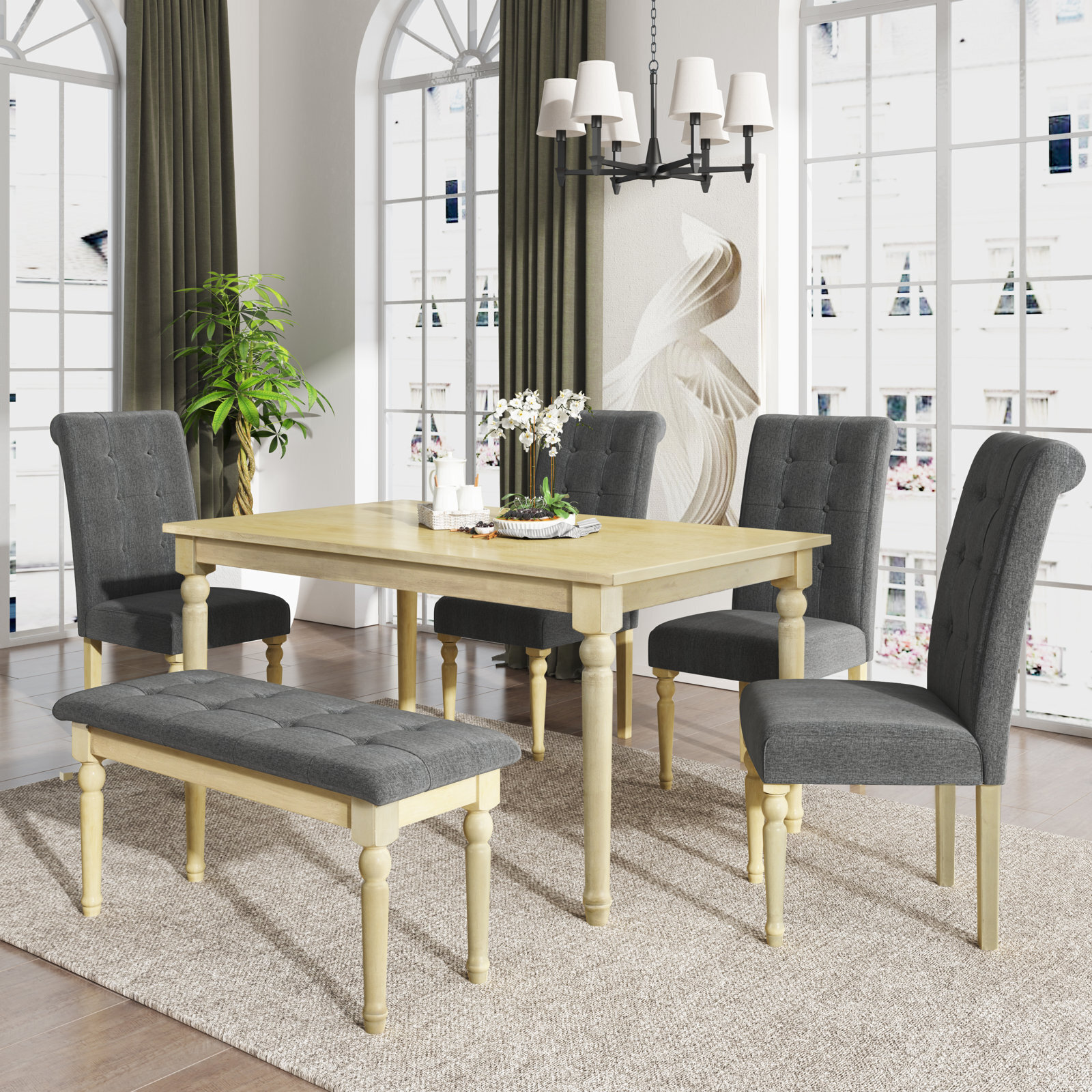 Elegant Dining Table with Bench and Chairs