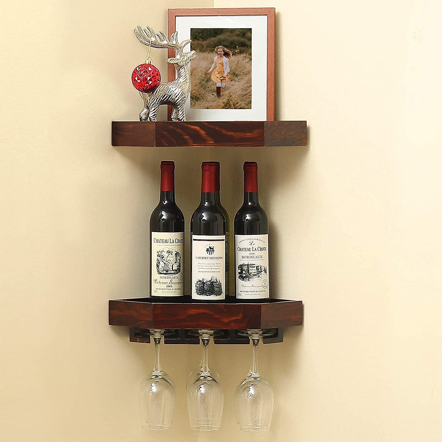 Wooden Wine Bottle and Glass Caddy, Portable Rustic Wine Glass