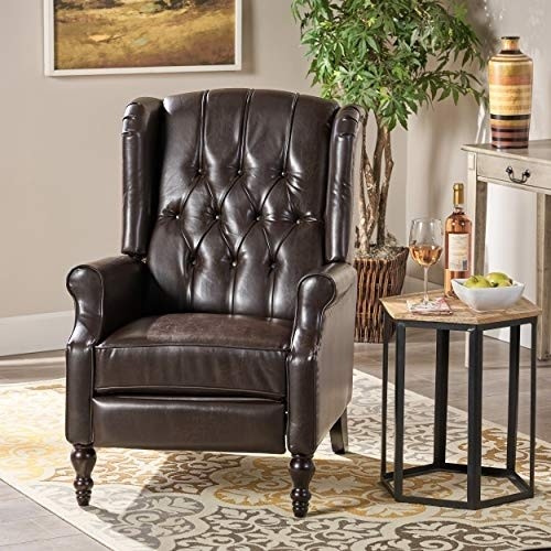 Elizabeth Tufted Bonded Leather Recliner, Vintage Reclining Reading Armchair (Brown)