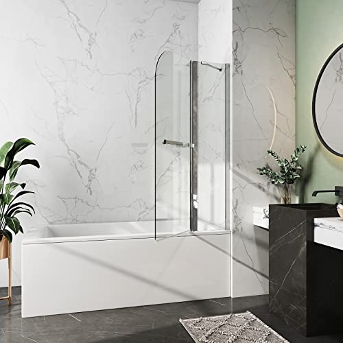 EMKE 36 in. W x 55 in. H Bathtub Shower Door with Towel Bar | 1/4" Clear Tempered Glass Hinged Pivot Framless Stationary Panel Bathtub Screen - Chrome Finish