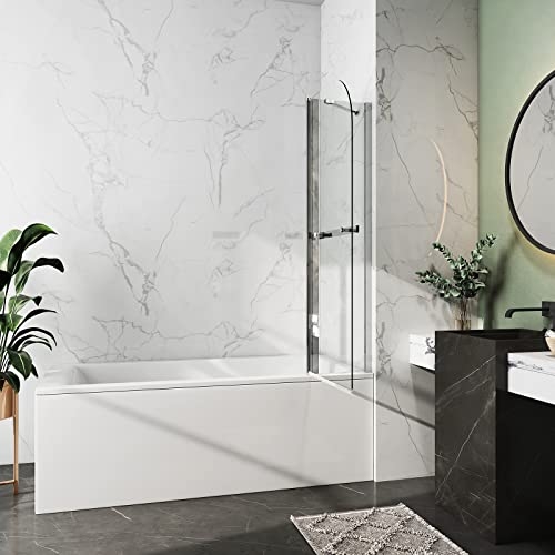 EMKE 36 in. W x 55 in. H Bathtub Shower Door with Towel Bar | 1/4" Clear Tempered Glass Hinged Pivot Framless Stationary Panel Bathtub Screen - Chrome Finish
