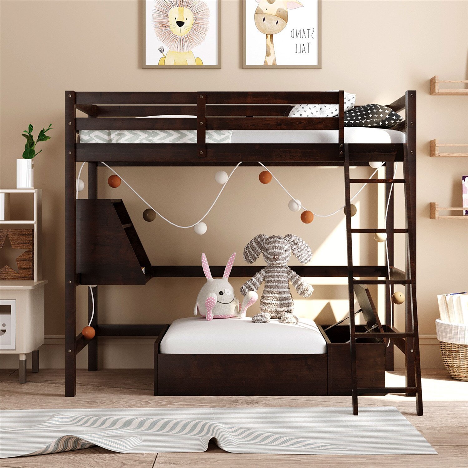 Espresso Wooden Loft Bed With Bookcase