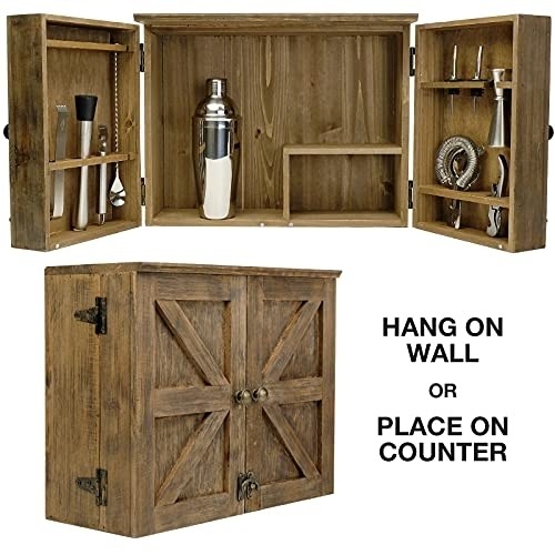 Excello Global Products Barndoor Bartender Cabinet with 12 Piece Bar Tool Set: The Perfect Kit for Home Bartenders (Rustic Brown)