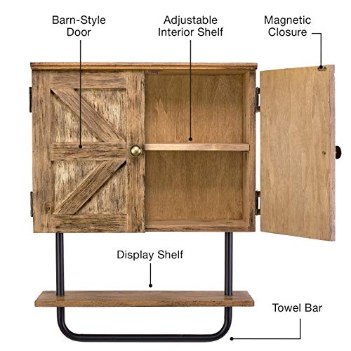 EXCELLO GLOBAL PRODUCTS Barndoor Bathroom Wall Cabinet, Space Saver Storage Cabinet Kitchen Medicine Cabinet with Adjustable Shelf and Towel Bar, Rustic Brown