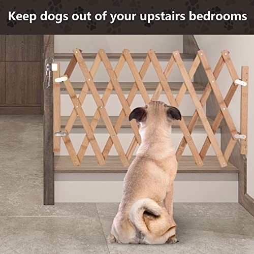 Expandable Accordion Dog Gate, Wooden Accordian Expansion Dog Gate for Doorway Stairs, Retractable Gate Safety Protection for Small Medium Pet Dog, 8" to 43" W, 32" H