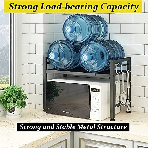 Expandable Microwave Oven Rack, Metal Microwave Shelf Countertop for Kitchen Contains 2 Tier with 3 Hooks, Type H by DOLALIKE