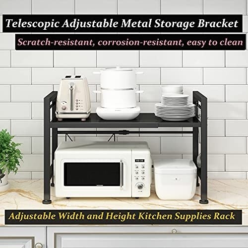 Expandable Microwave Oven Rack, Metal Microwave Shelf Countertop for Kitchen Contains 2 Tier with 3 Hooks, Type H by DOLALIKE