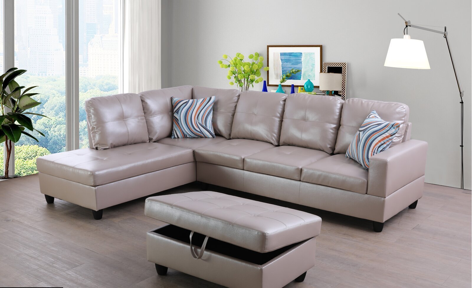 Faux Leather Sofa With Rectangular Ottoman