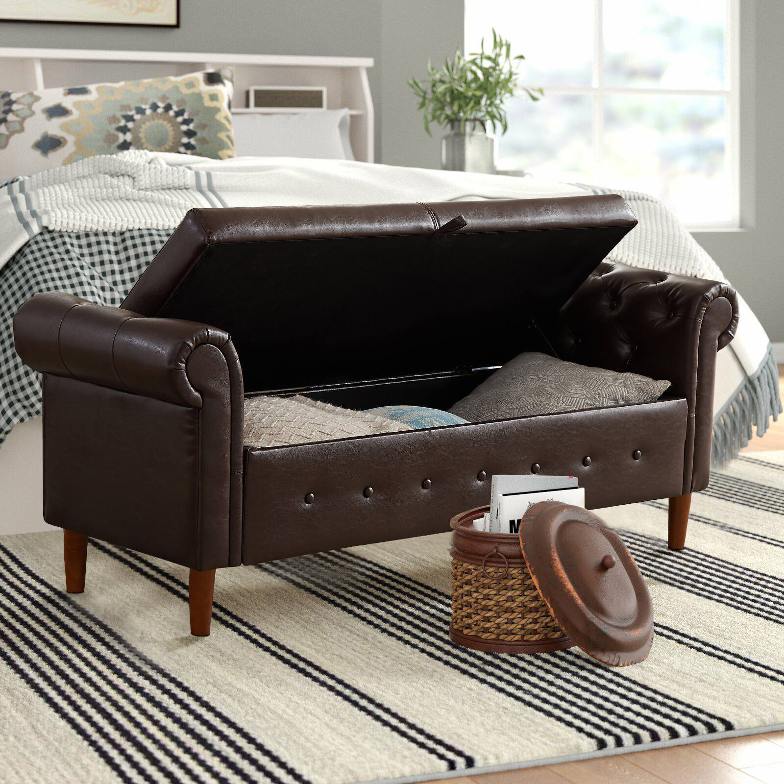 Faux Leather Storage Bench With Arms