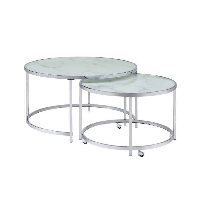 Faux Marble Round Nest of Tables in Chrome 