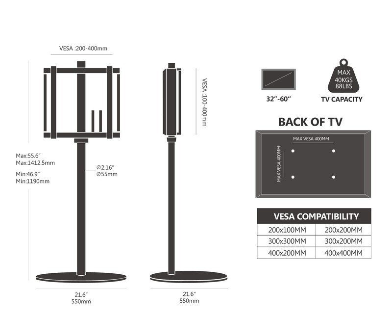 Fitueyes Swivel Floor Stand Mount for Greater Than 50" Screens with Shelving, Holds up to 88 Lb. lbs