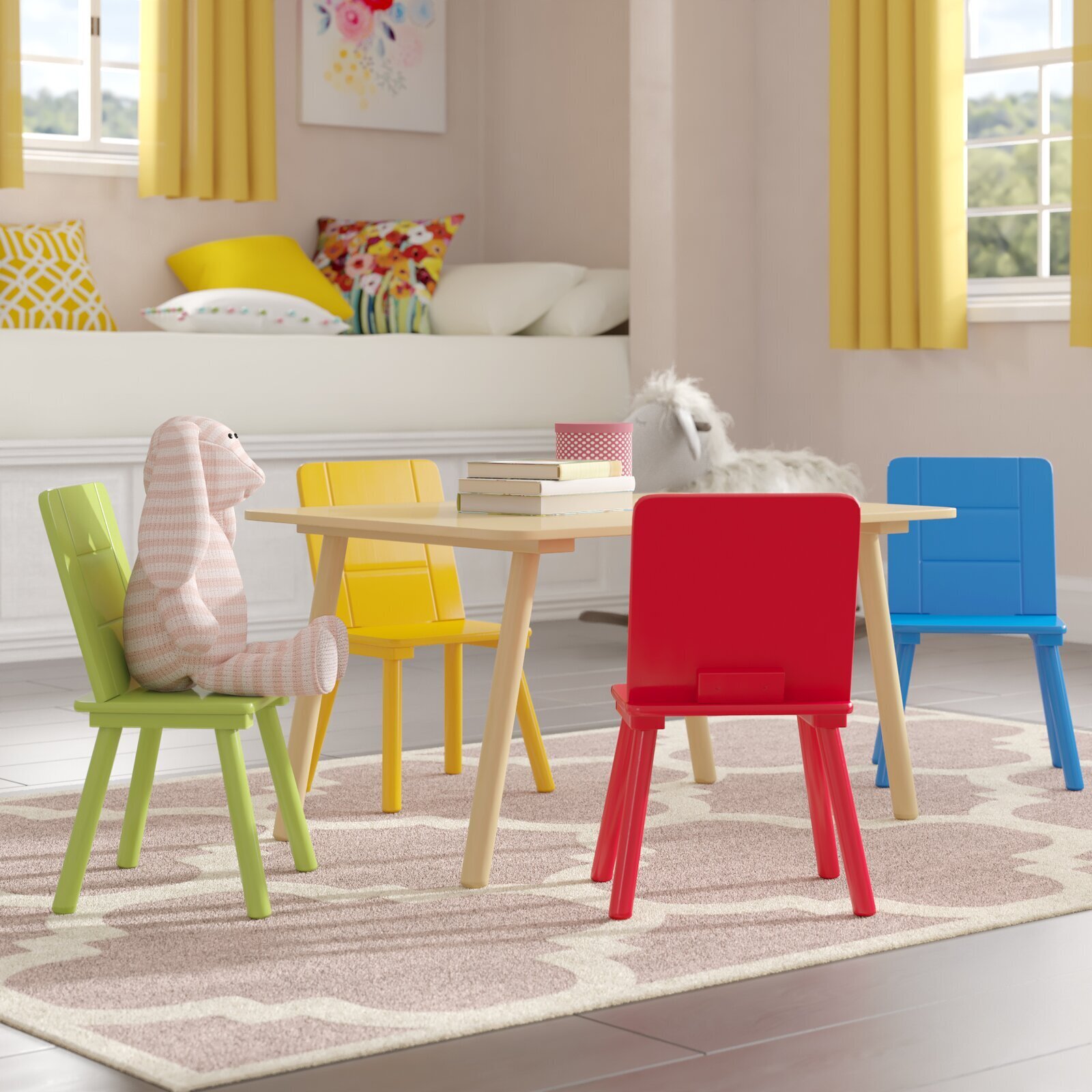 Melissa & Doug Kids Furniture Wooden Table & 4 Chairs Natural Table, Yellow, Blue, Red, Green Chairs Primary 