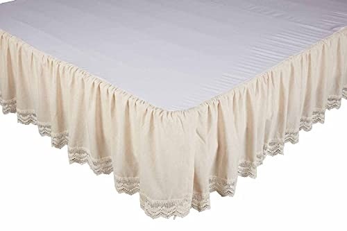 Flax and Lace Queen Bed Skirt, Extra Long 21" Drop, Natural Cream Dust Ruffle with Crochet Lace Trim, Vintage Farmhouse, Boho