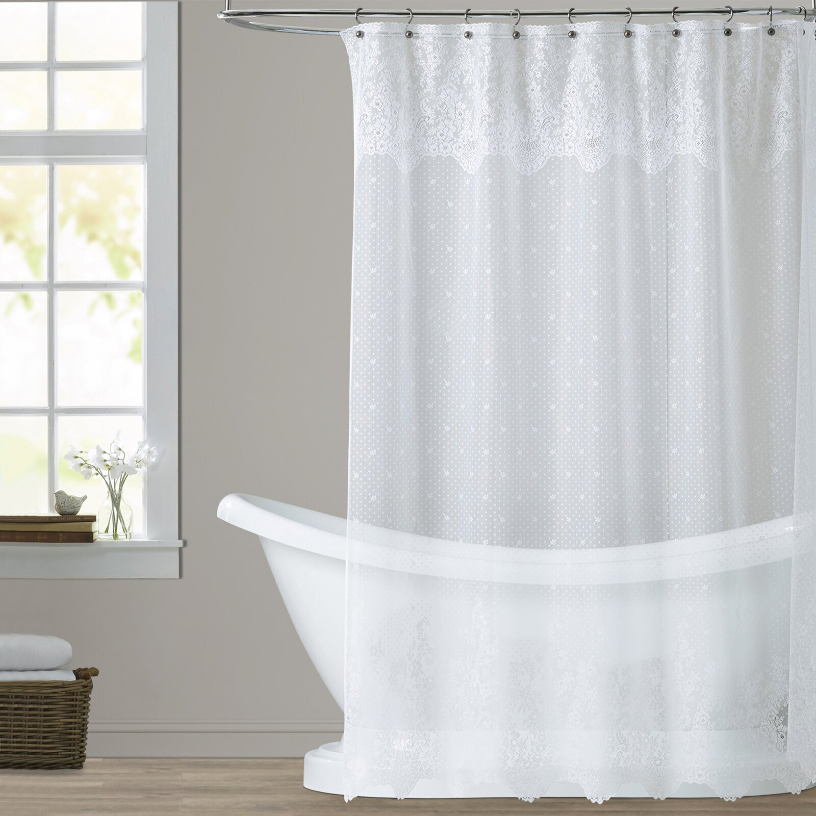 Floral And Polka Dot Lace Shower Curtain