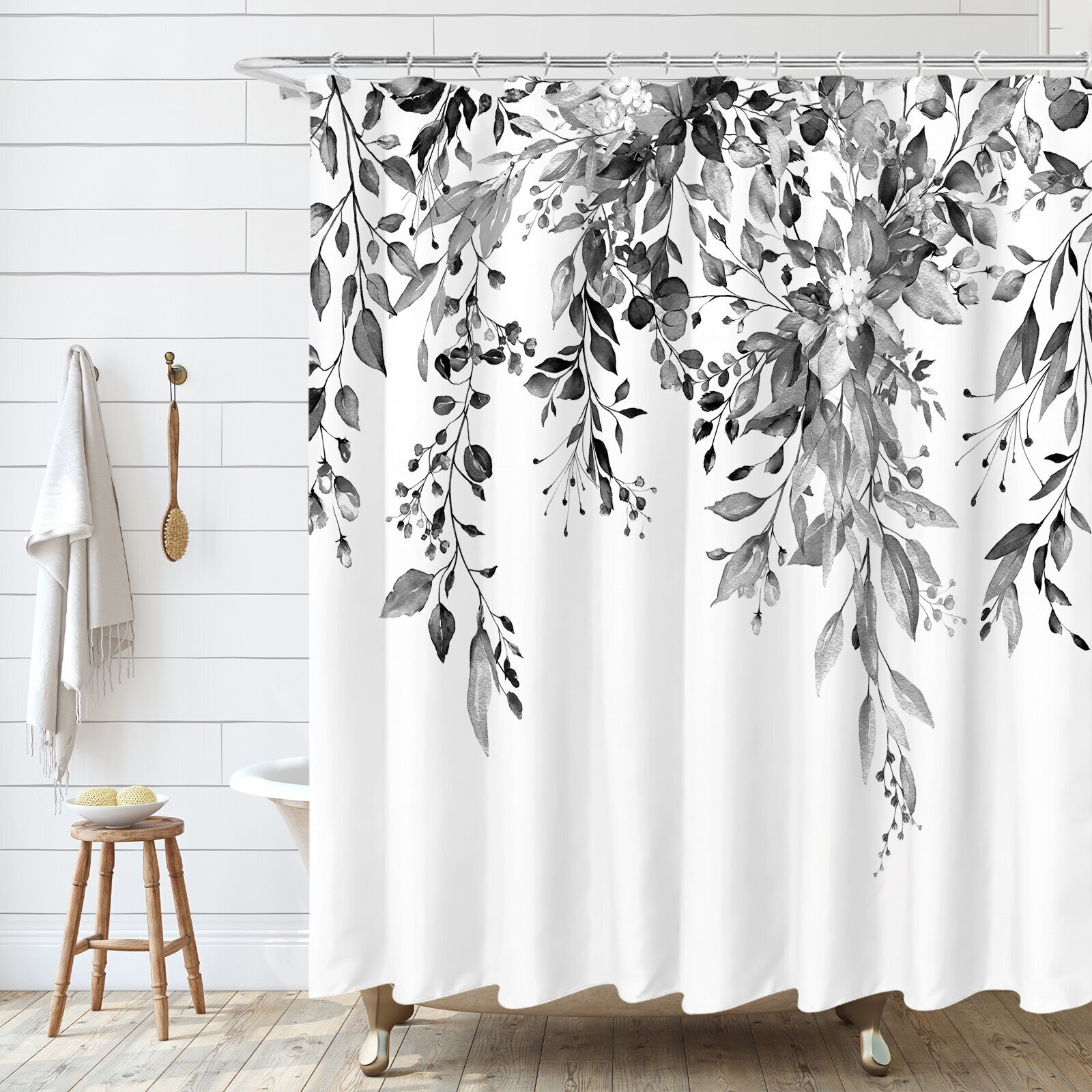 Floral black and white shower curtain