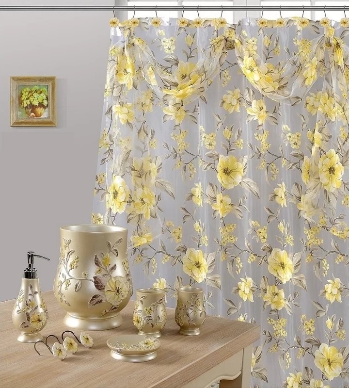 Floral Motif Chanelle Sheer Fabric Shower Curtain 