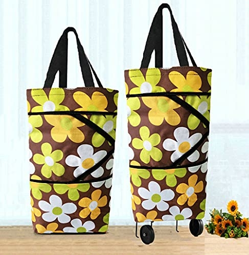 Folding Shopping Bag with Wheels Foldable Shopping Cart Grocery Bags Shopping Trolley Bag on Wheels(Elegant Coffee)