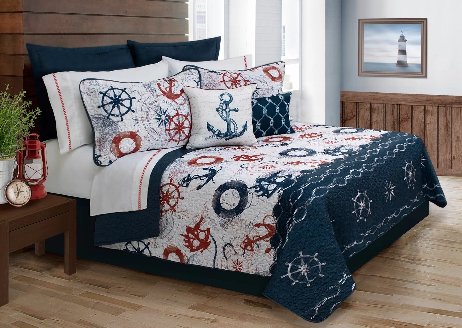 Four Piece Red, White, & Blue Nautical Bedding Set