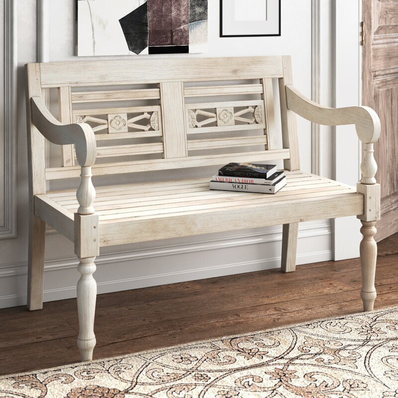 French Country Carved Wooden Bench