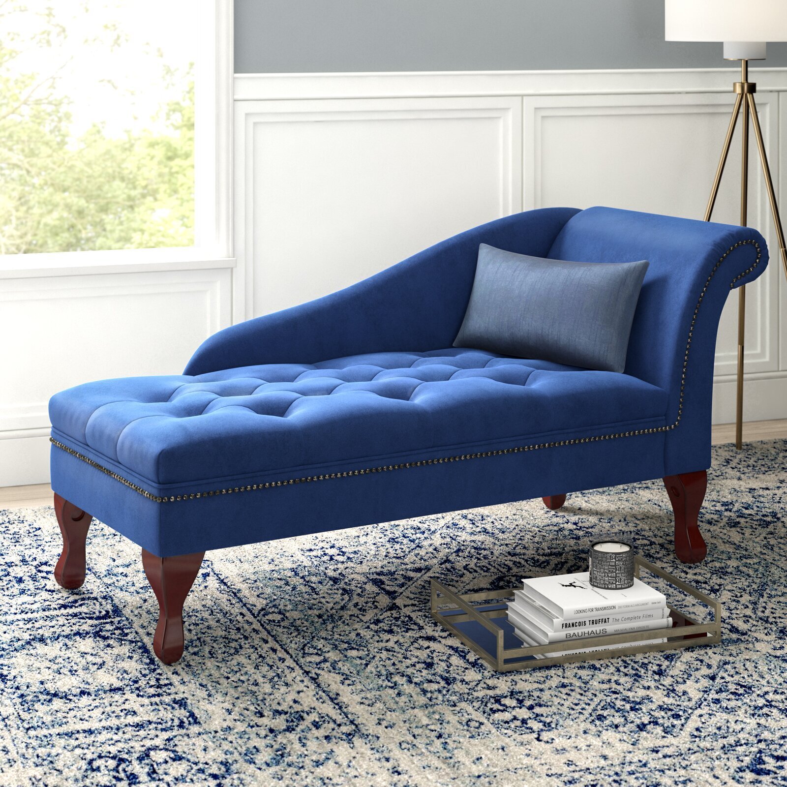 Classic Living Room Velvet Chaise Lounge Contemporary Chair Blue 