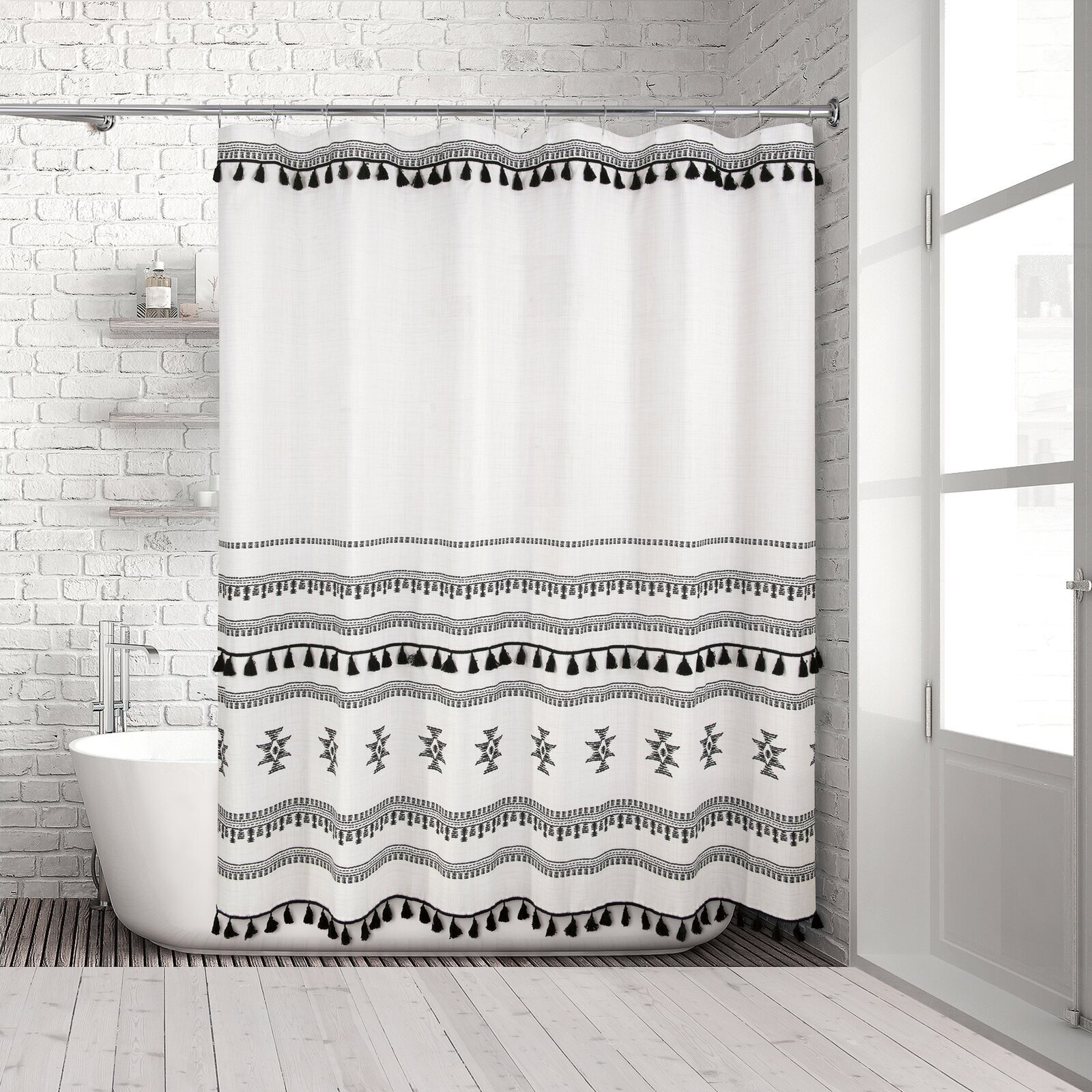 Geometric white and black shower curtain