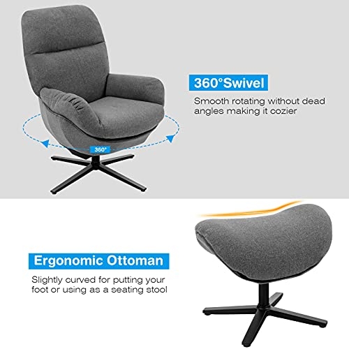 Giantex Swivel Lounge Chair w/Ottoman, Upholstered 360 Accent Lazy Recliner Armchair w/Rocking Footstool, Aluminum Alloy Base, Comfy Fabric Leisure Sofa Club Chair, Support to 330lbs, Grey