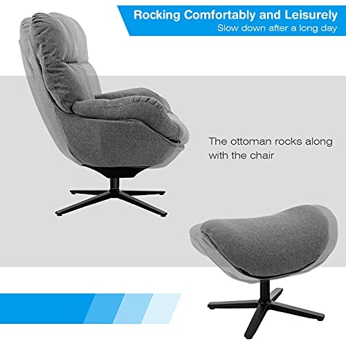 Giantex Swivel Lounge Chair w/Ottoman, Upholstered 360 Accent Lazy Recliner Armchair w/Rocking Footstool, Aluminum Alloy Base, Comfy Fabric Leisure Sofa Club Chair, Support to 330lbs, Grey