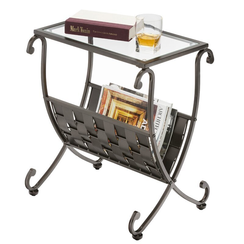 Glass and Steel End Table With Magazine Rack