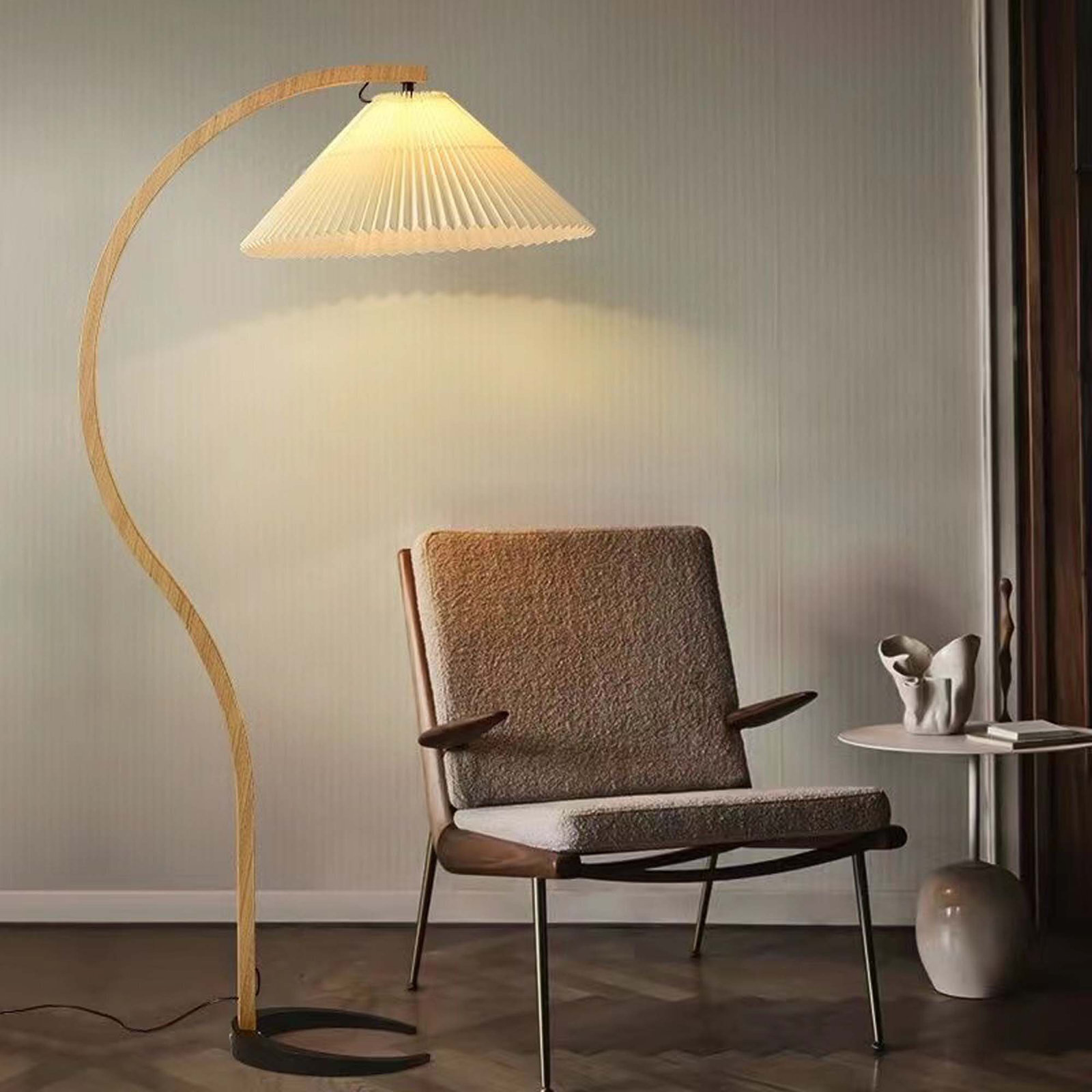 Litecraft Curved Arm Tall Floor Lamp Arc Floor Lamp White Fabric Drum Shade Standing Light 