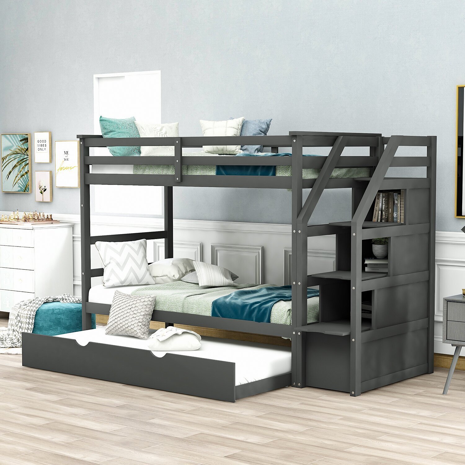 Gray Loft Bed with Storage Stairs And Large Pull Out Drawer