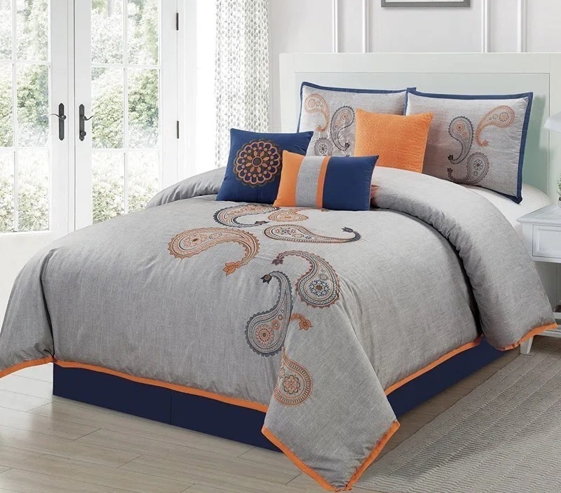 Gray Paisley Comforter with Navy and Orange