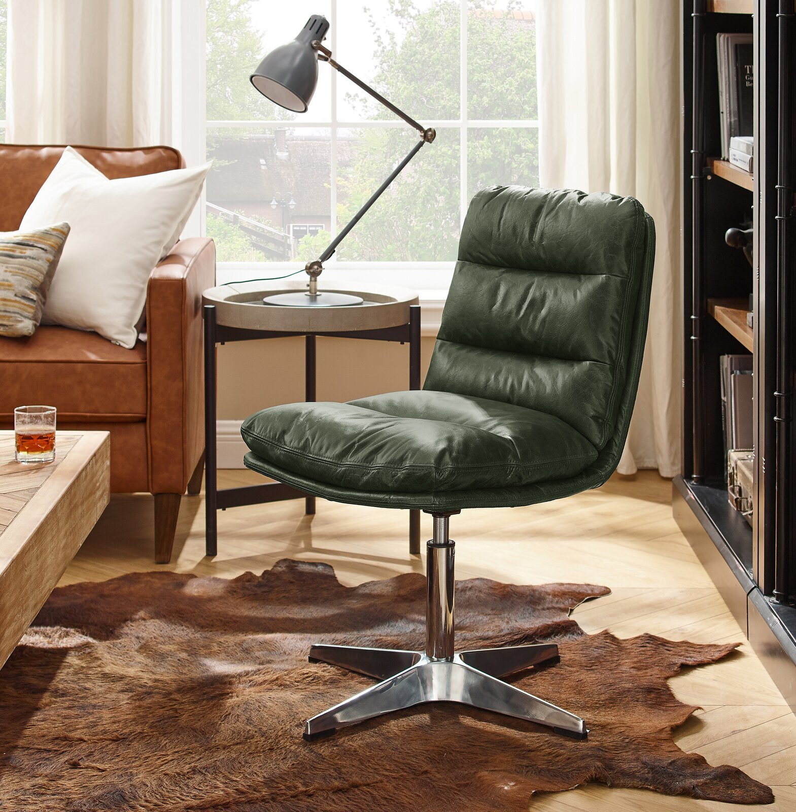 Green leather desk chair with swivel