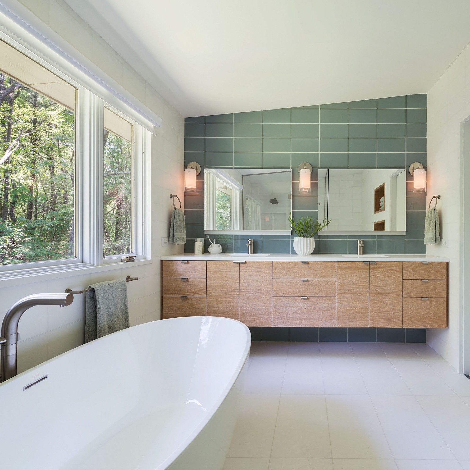 Green Tile In Spacious White Bathroom