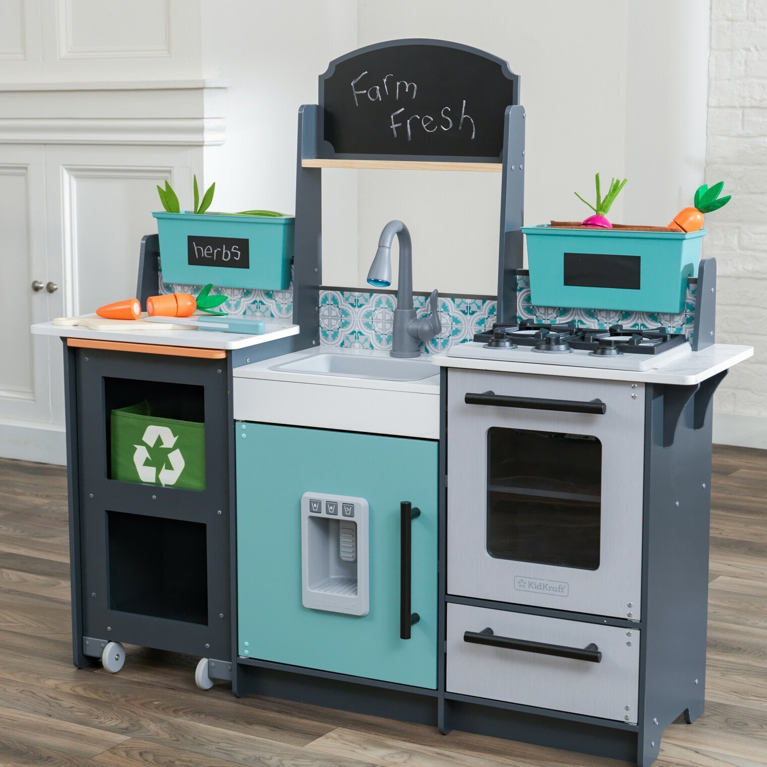 Grey and Blue Wooden Play Kitchen For Kids