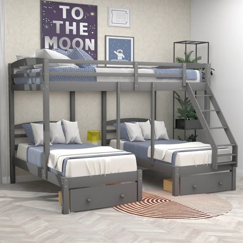 Grey Solid Wood Triple Bunk Beds For Kids