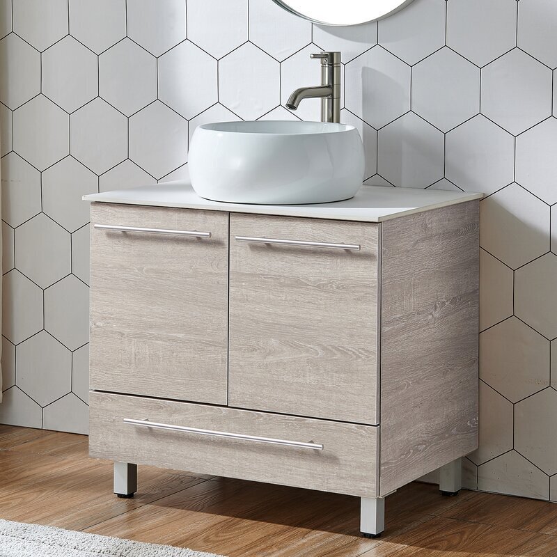 Grey Wood Grain Bathroom Vanity Base For Vessel Sink